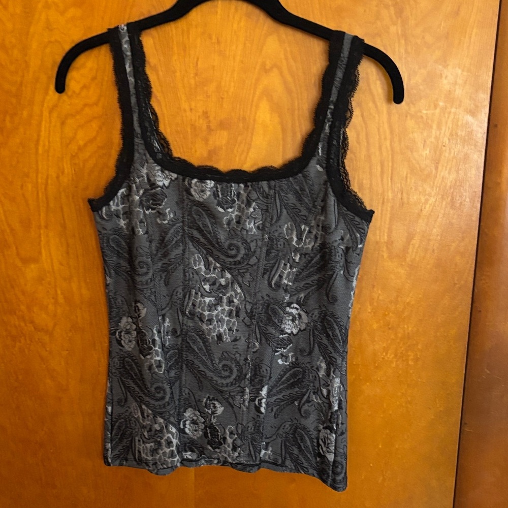 WHBM Lace Trim Stretch Grey Paisley Tank Top
